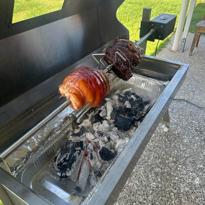 Spit Roaster | Cooking roast beef and pork on the 1200mm Spartan Hooded Spit Roaster