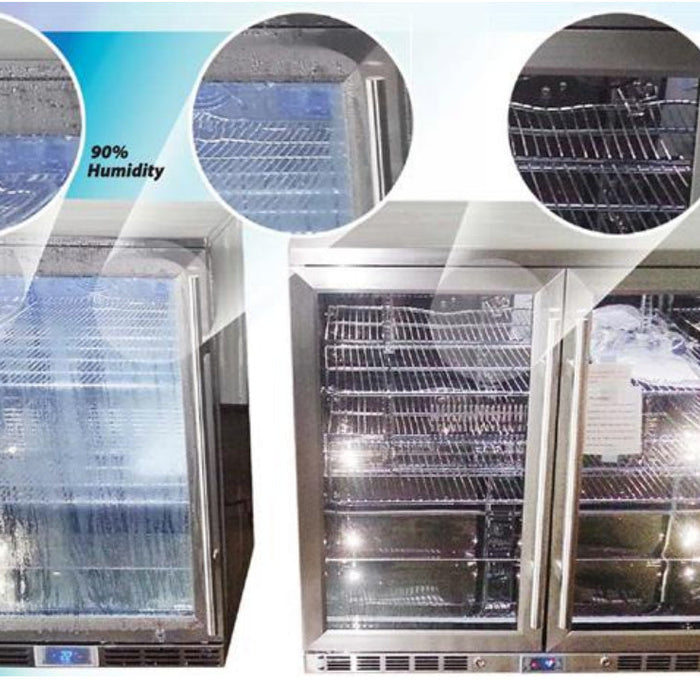 picture showing the difference between standard and heated glass doors in bar fridges