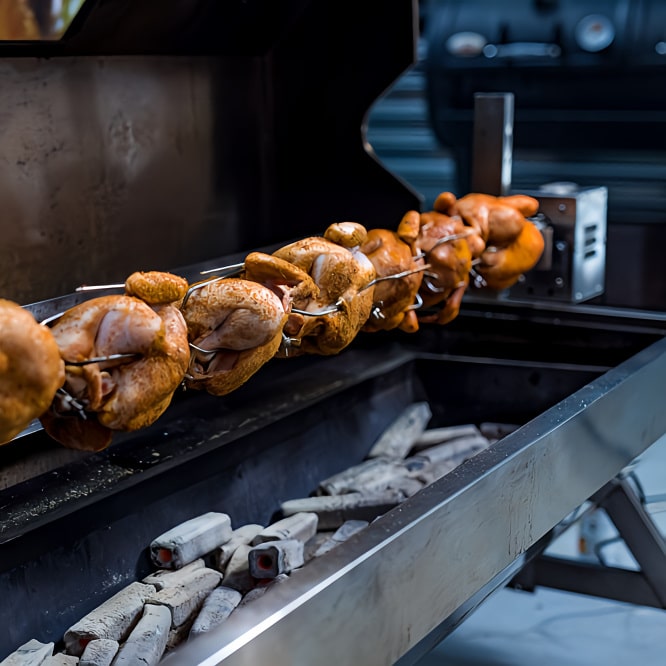 1500mm BBQ Spit Rotisserie | Hooded Spartan with 8 whole chickens cooking