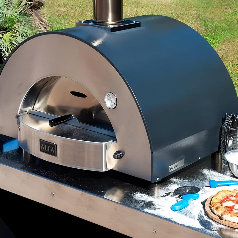 Alfa Classico 2 Pizze | Gas & Wood Fired top right view of oven outside on table