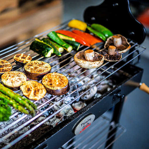 BBQ Spit Roaster | Cyprus | Flaming Coals showing vegies cooking on the grill
