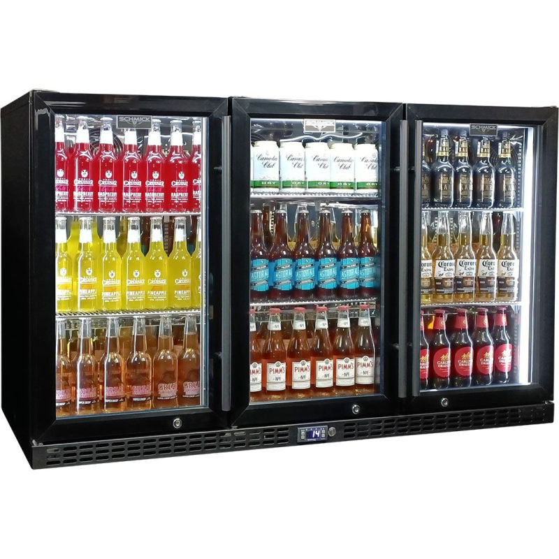 Bar Fridge | 3 Door | Schmick Heated Glass doors closed and full of drinks with black doors