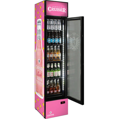 Bar Fridge | 160 Litre Vodka Cruiser Branded front left view full of drinks