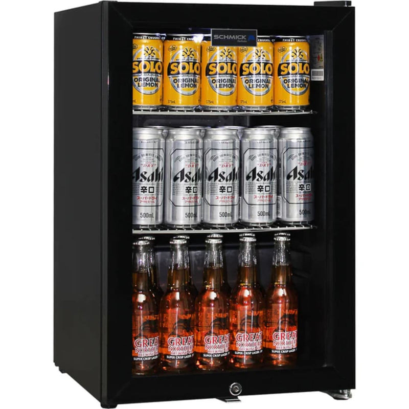 Schmick 70 L Black Double-Glazed Bar Fridge – Right or Left Hinge - HUS-SC70-B right hinge door closed full of drinks