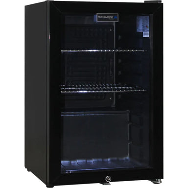 Schmick 70 L Black Double-Glazed Bar Fridge – Right or Left Hinge - HUS-SC70-B showing it empty with the right hinge and door closed