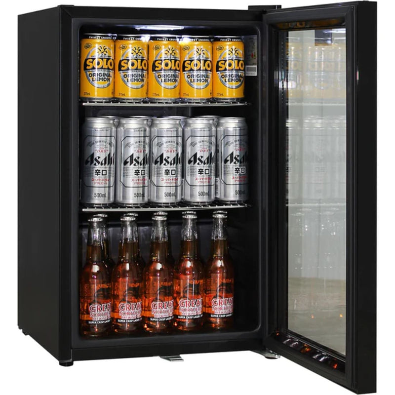 Schmick 70 L Black Double-Glazed Bar Fridge – Right or Left Hinge - HUS-SC70-B showing it full with the door open and right hinge