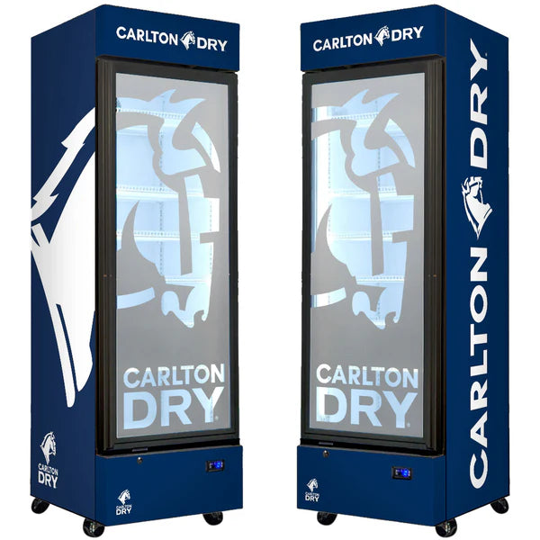 Bar Fridge | 370 Litre Beer Branded | Upright Indoor Fridge showing the carlton dry with the black trim