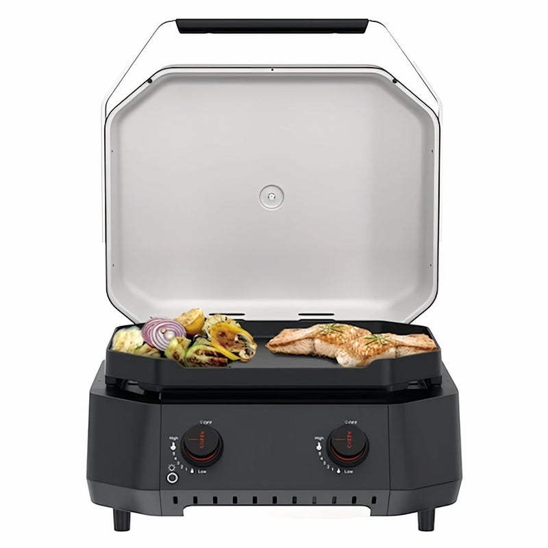 Cozze B-500 Gas BBQ cooking salmon and veggies on griddle