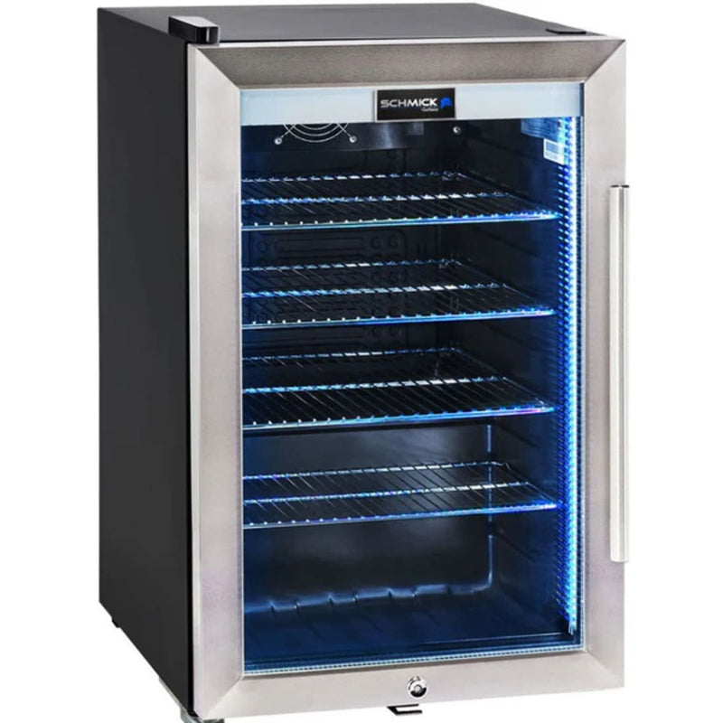 Schmick 70 L Tropical Triple‑Glazed Stainless Bar Fridge – Right or Left Hinge - HUS-SC70-SS showing the left hinge model with blue light