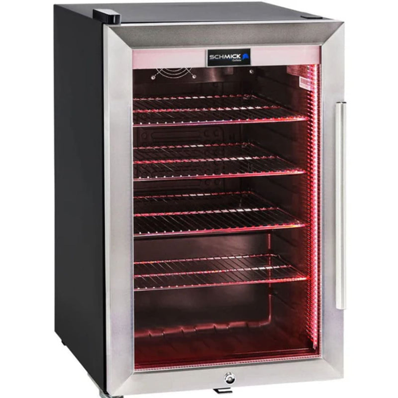 Schmick 70 L Tropical Triple‑Glazed Stainless Bar Fridge – Right or Left Hinge - HUS-SC70-SS showing the left hinge with red lights