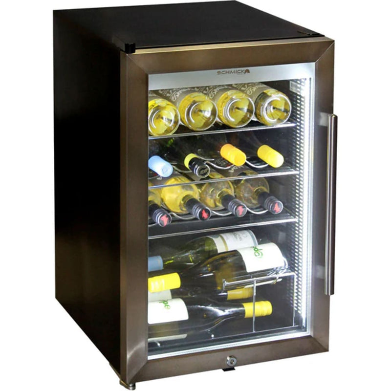 Schmick 70 L Tropical Triple‑Glazed Stainless Bar Fridge – Right or Left Hinge - HUS-SC70-SS showing the left hinge full of wine only