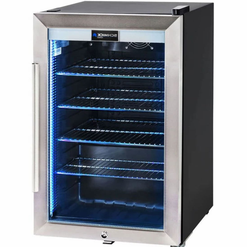 Schmick 70 L Tropical Triple‑Glazed Stainless Bar Fridge – Right or Left Hinge - HUS-SC70-SS showing the right hinge with blue light