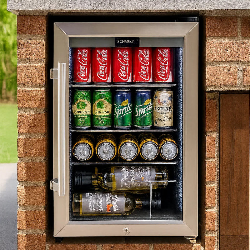 Schmick 70 L Tropical Triple‑Glazed Stainless Bar Fridge – Right or Left Hinge - HUS-SC70-SS with wines inside built into a brick outdoor area