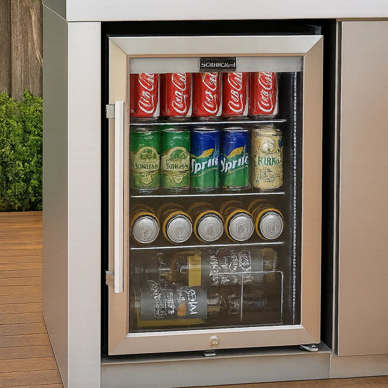 Schmick 70 L Tropical Triple‑Glazed Stainless Bar Fridge – Right or Left Hinge - HUS-SC70-SS built into an outdoor area