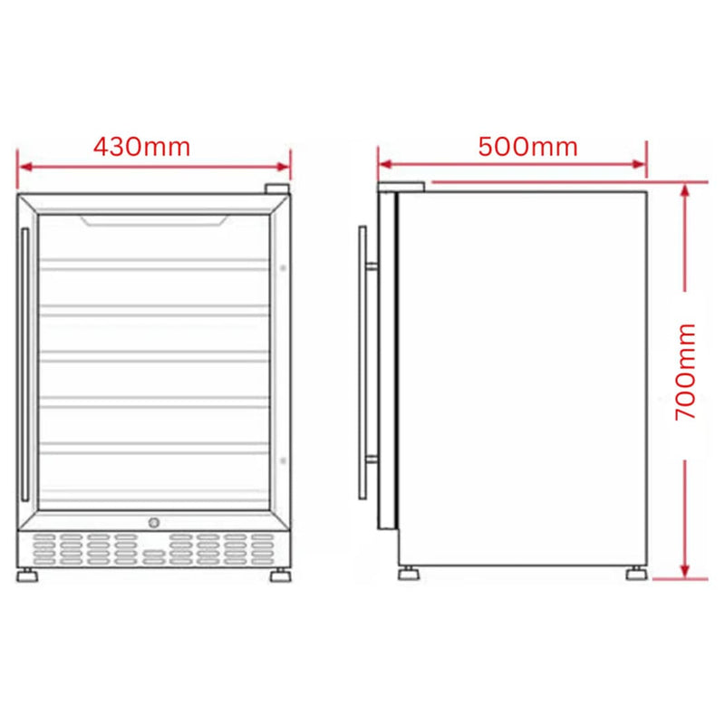 Schmick 70 L Tropical Triple‑Glazed Stainless Bar Fridge – Right or Left Hinge - HUS-SC70-SS showing the dimensions