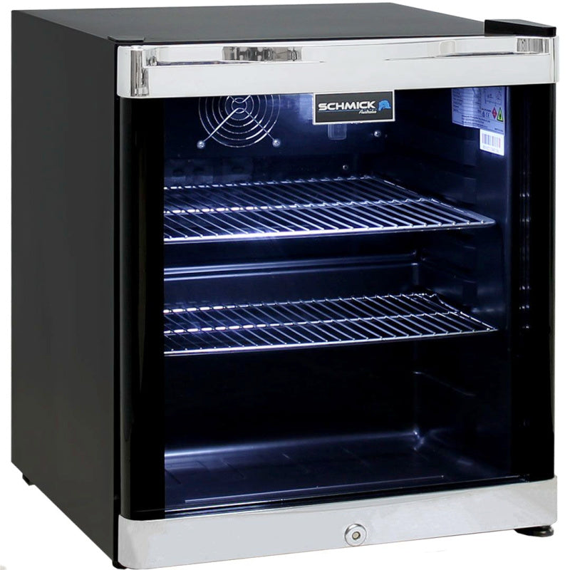 Mini Bar Fridge | Schmick Tropical 50 Litre in black and chrome and empty