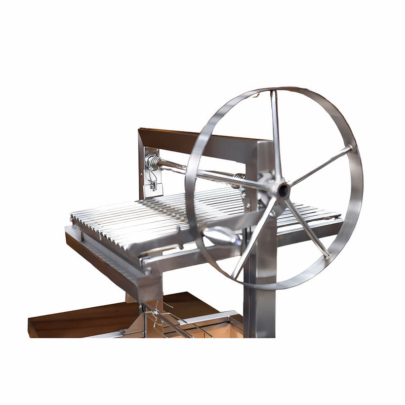 Parrilla Argentine Grill | Firebrick | Rotisserie | Medium close up of the wheel and grill raised