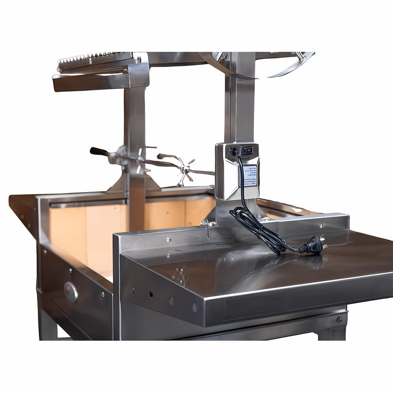 Parrilla Argentine Grill | Firebrick | Rotisserie | Medium close up of the rotisserie and motor