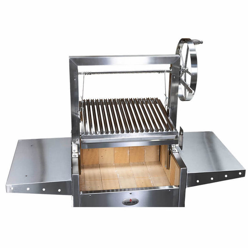Parrilla Argentine Grill | Firebrick | Rotisserie | Medium grill up and firebricks visible