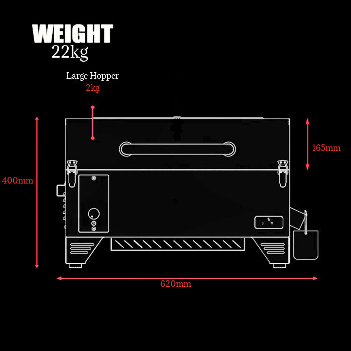 Asmoke Pellet Smoker I Showing dimensions. 400mm High, 620mm Long, 165mm deep