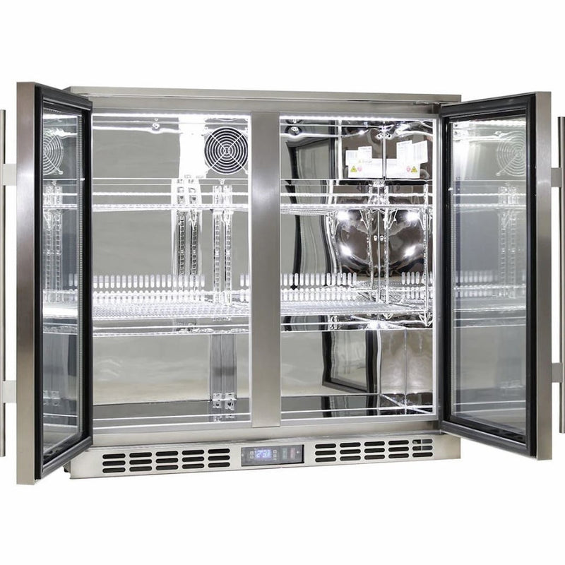 Bar Fridge | Solid 2 Door Alfresco | Rhino Stainless Steel with glass heated doors and the doors open