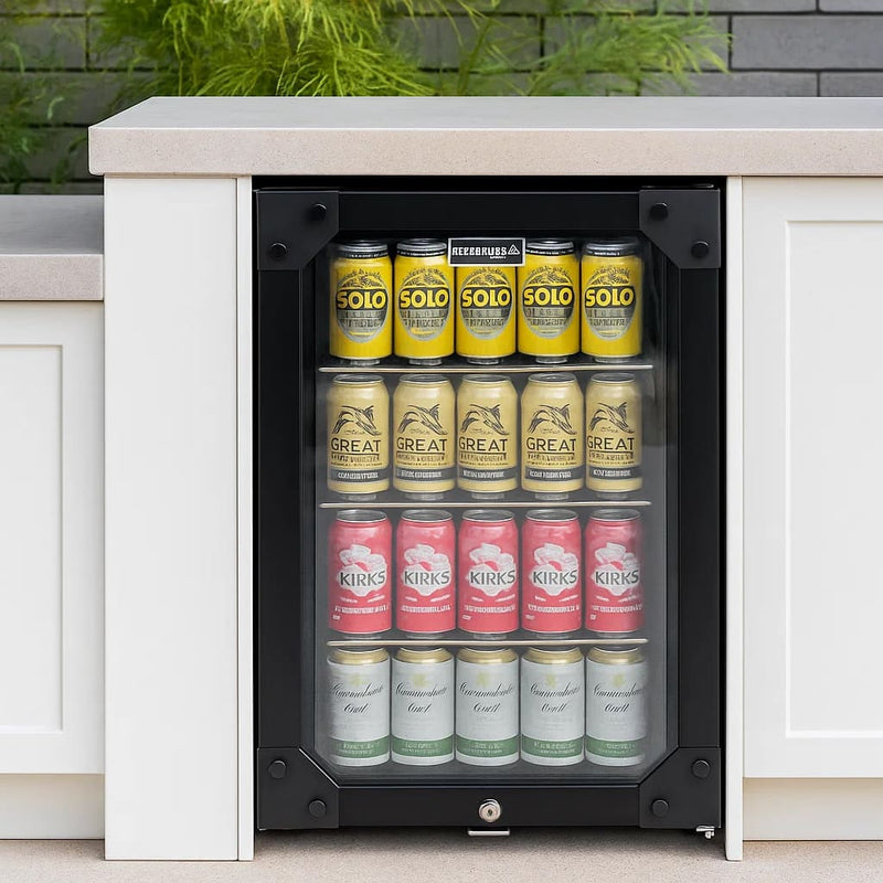 Schmick 70 L “Bolt‑Style” Black Bar Fridge – Industrial Design, Double‑Glazed - HUS-SC70-B-X built into white bench spce