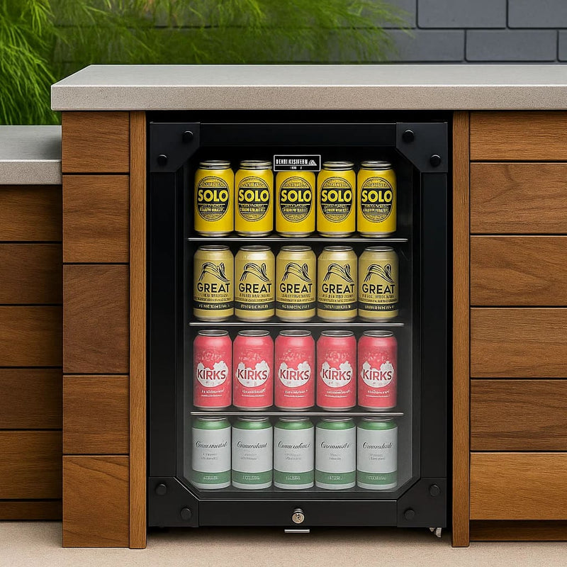 Schmick 70 L “Bolt‑Style” Black Bar Fridge – Industrial Design, Double‑Glazed - HUS-SC70-B-X built into wooden outdoor area
