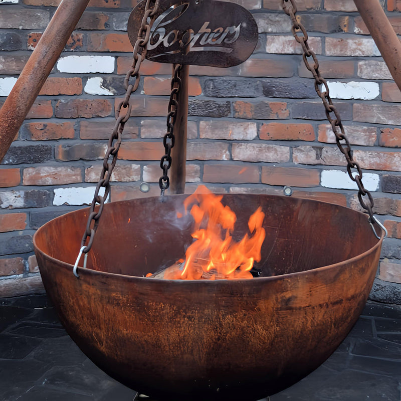 Tripod Fire Pit close up view of fire bowl with fire inside