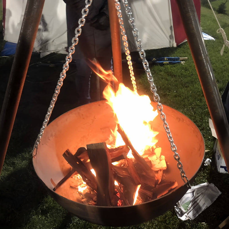 Tripod Fire Pit top close up view of chains with fire inside