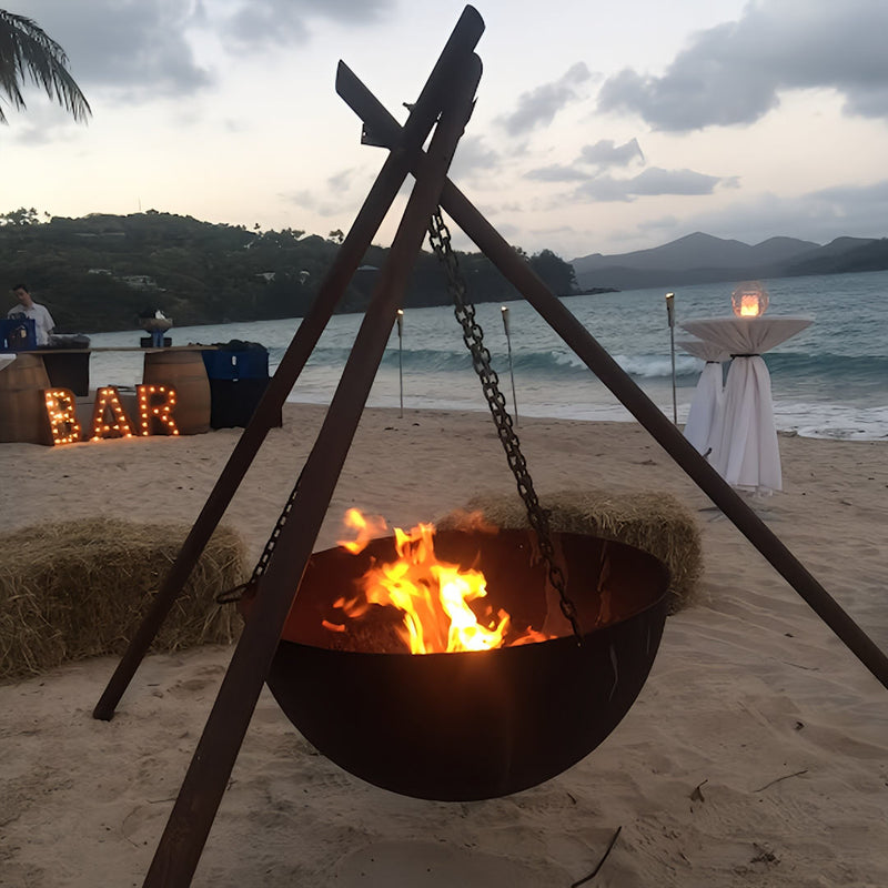 Tripod Fire Pit close up view on beach