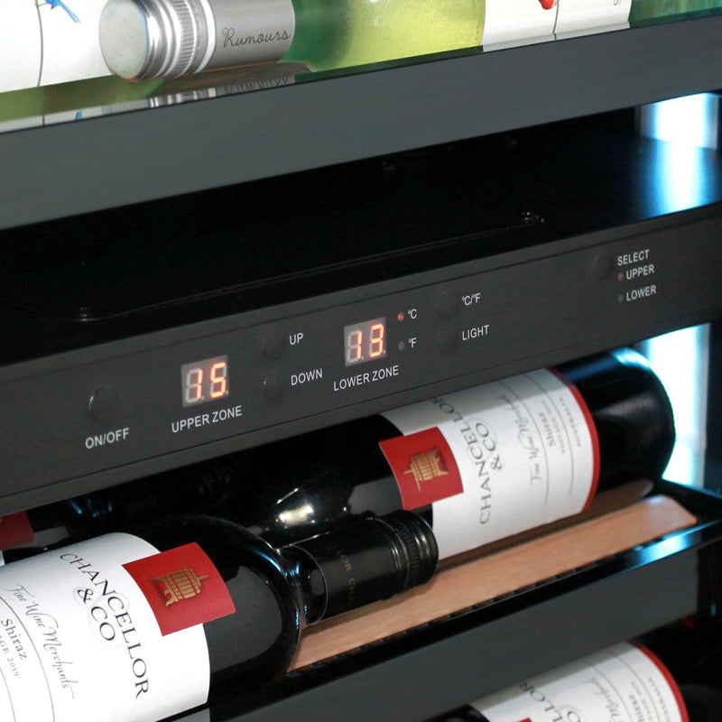 Wine Fridge | 209 Litre Upright close up view of dual zone temperature controls