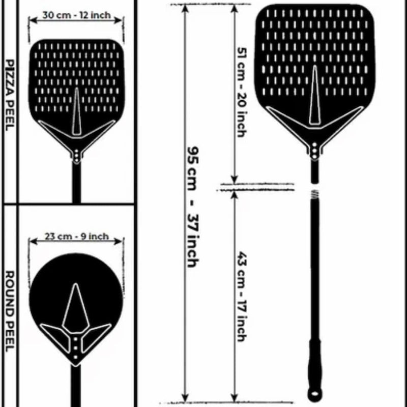 Alfa Pizza Oven Tool Kit Large & Medium | Peel Set showing the medium 2 piece set dimensions