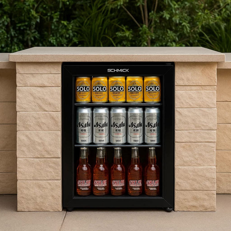 Schmick 70 L Black Double-Glazed Bar Fridge – Right or Left Hinge - HUS-SC70-B built into an outdoor area