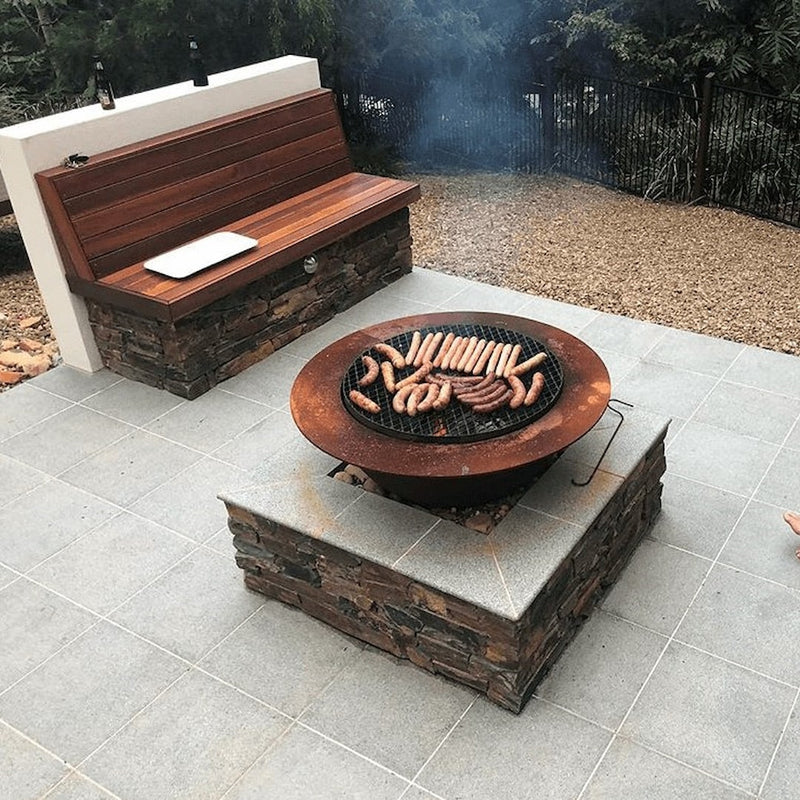 Teppanyaki BBQ Fire Pit Grill | 100 cm in Stainless Steel & Cast Iron in cast iron with metal grill