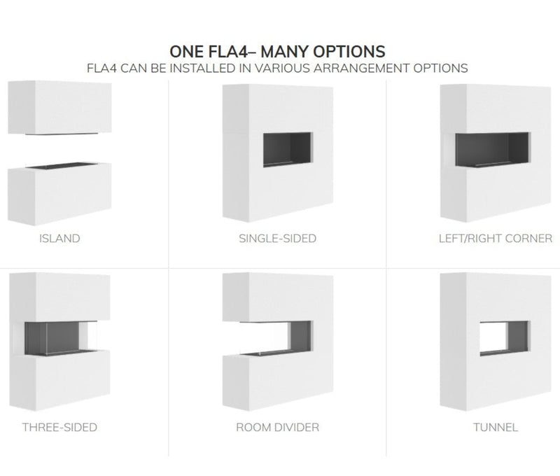FLA4 BEV Bio Ethanol Fireplace Insert | Indoor showing different configurations available