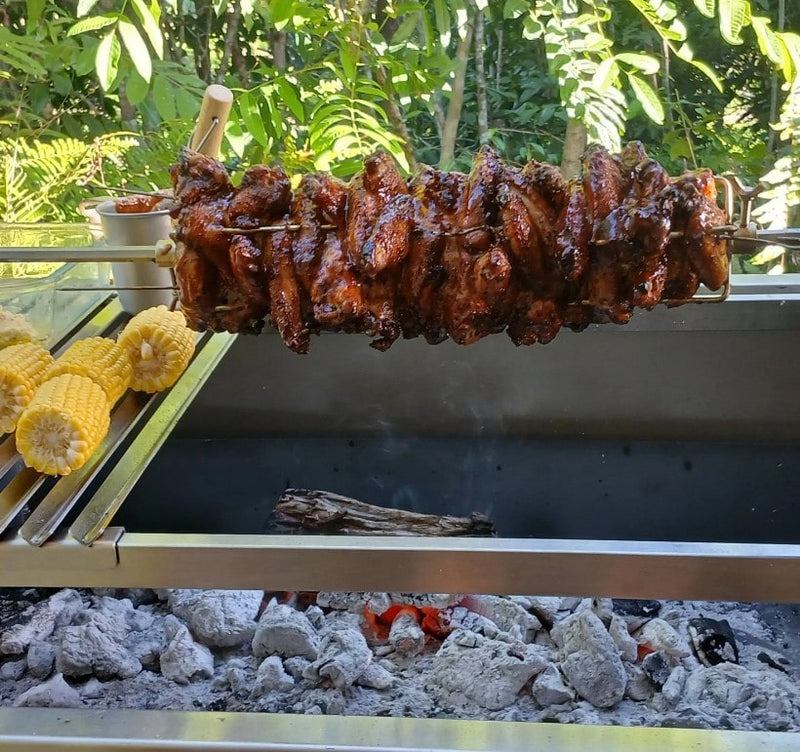Parrilla Argentine BBQ Grill | Firebrick | Rotisserie | Extra Large close up with meat cooking