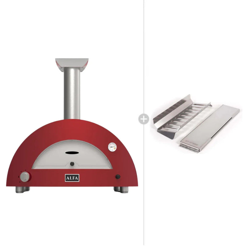 Pizza Oven | Alfa Forni Moderno 3 Pizze |  Wood & Gas Hybrid showing the red unit with its hybri kit