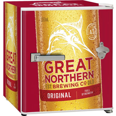 Bar Fridge | Great Northern Original close up front view of bar fridge showing bottle opener