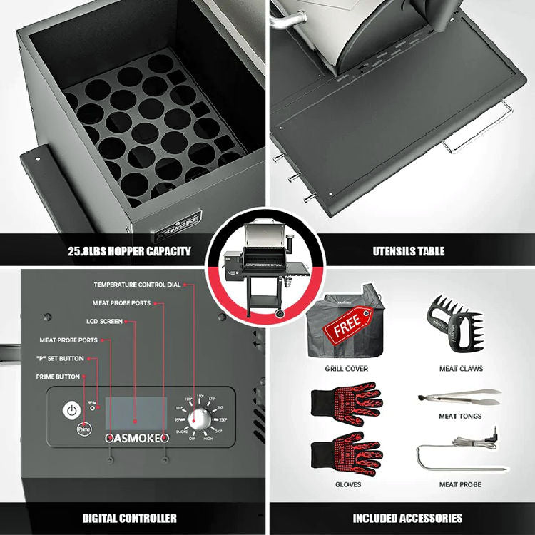 ASMOKE Pellet smoker AS660N silver, four different views showing, hopper capacity, utensils table, digital controller, included acessories