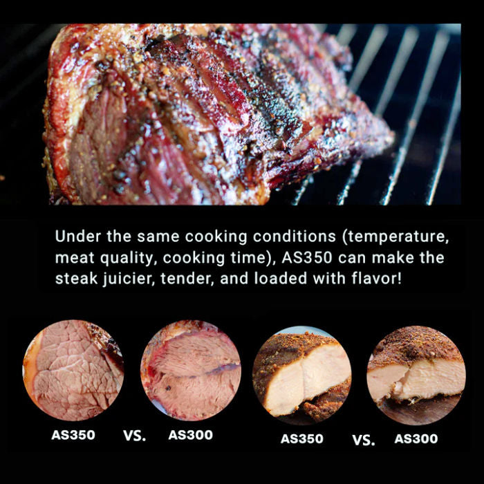 Portable pellet smoker in Burgundy Red, showing the comparisons of cooking meat with the AS300 and AS350 series smokers