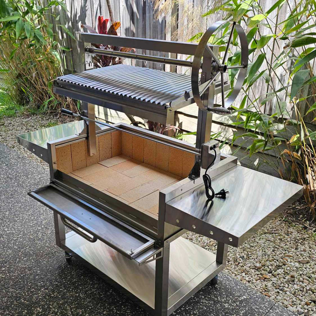 front right view of a brand new parrilla grill outside under a patio
