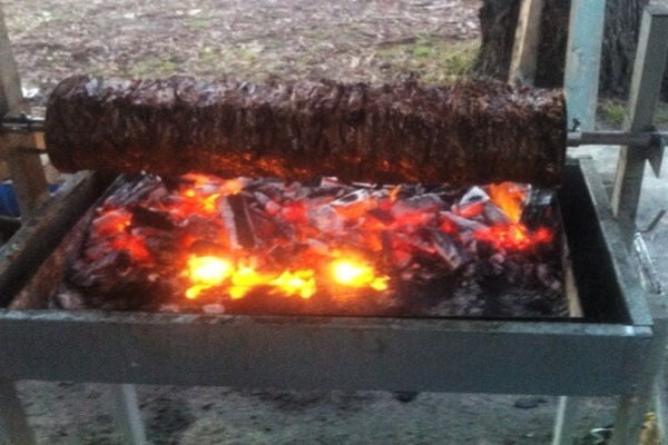 meat cooking over a fire smoking it