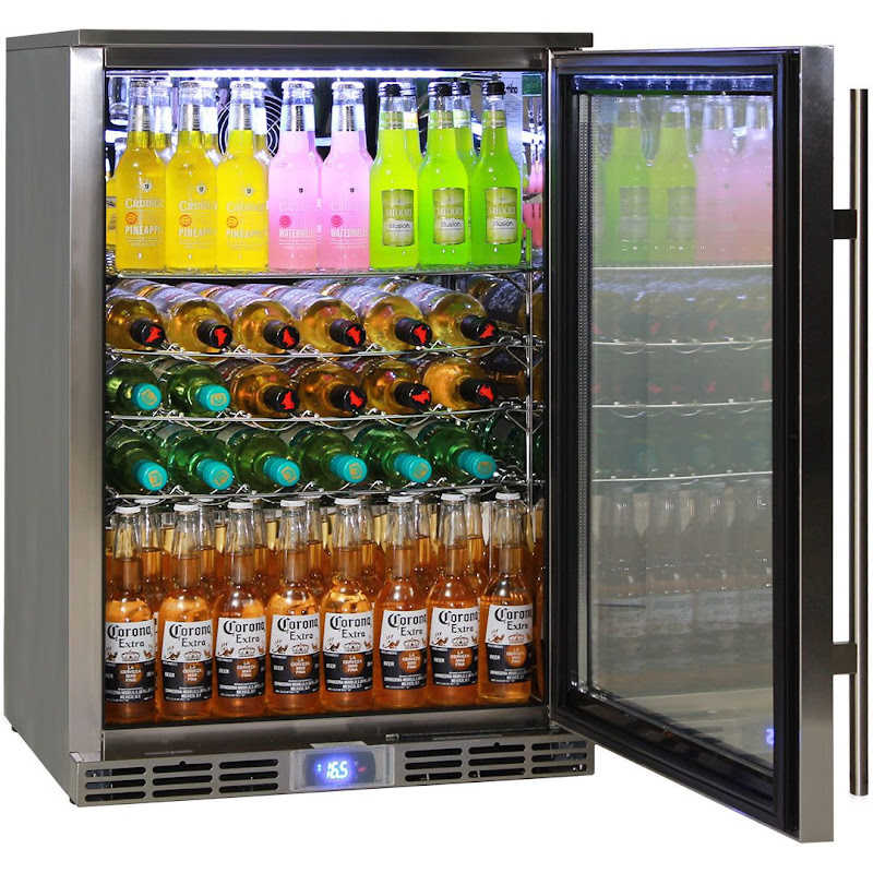 Rhine brand bar fridge with the door open and showing drink capacity including wine bottle racks