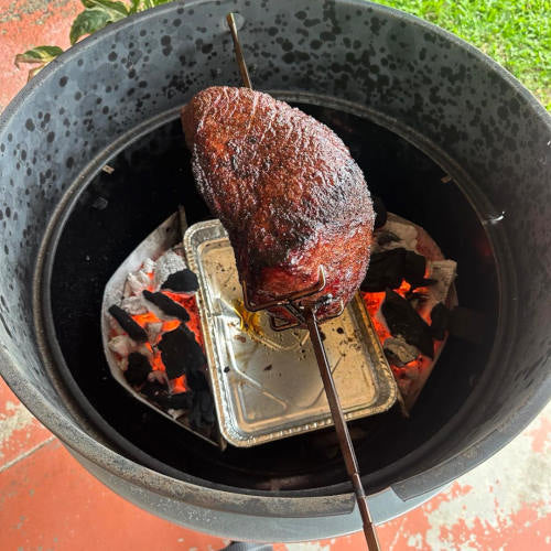 Weber Kettle Beef Topside Roast Recipe | top view of beef topside roast cooking