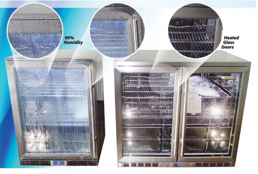 picture showing the difference between standard and heated glass doors in bar fridges