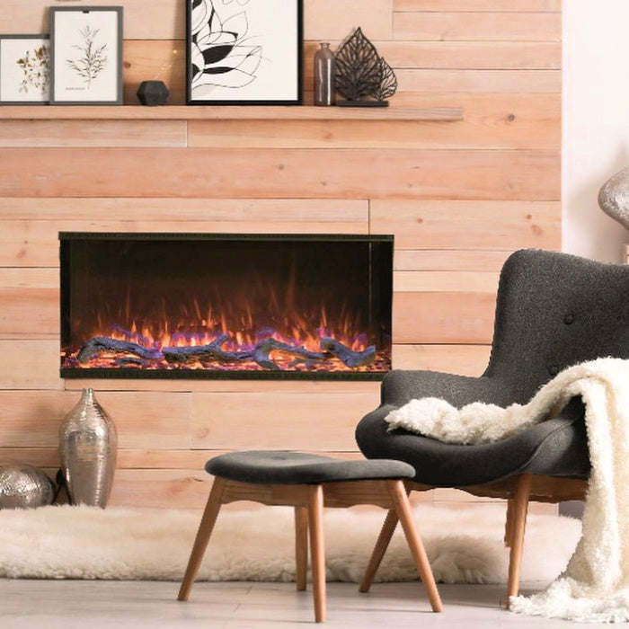 Astro series electric fireplace built into timber wall in lounge room