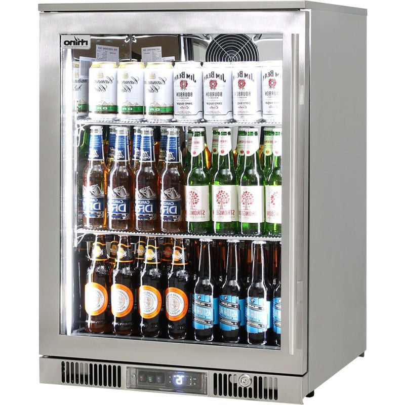 single door outdoor bar fridge with drinks and a clear glass door