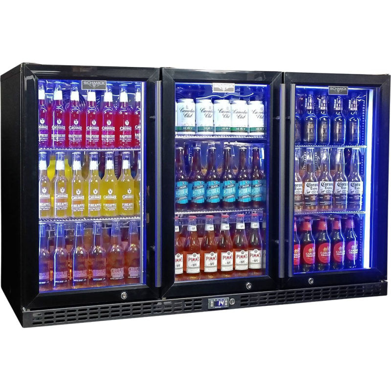 Three Door Bar Fridge | Stainless Steel SK386 doors closed with blue LED lights on and full of drinks