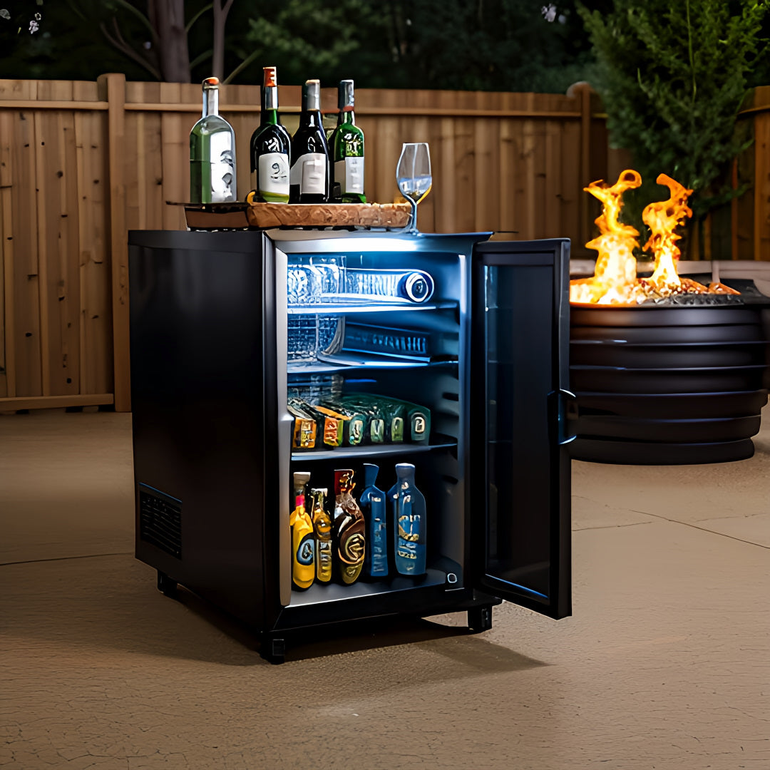  A Bar fridge and a fire pit in an outdoor setting