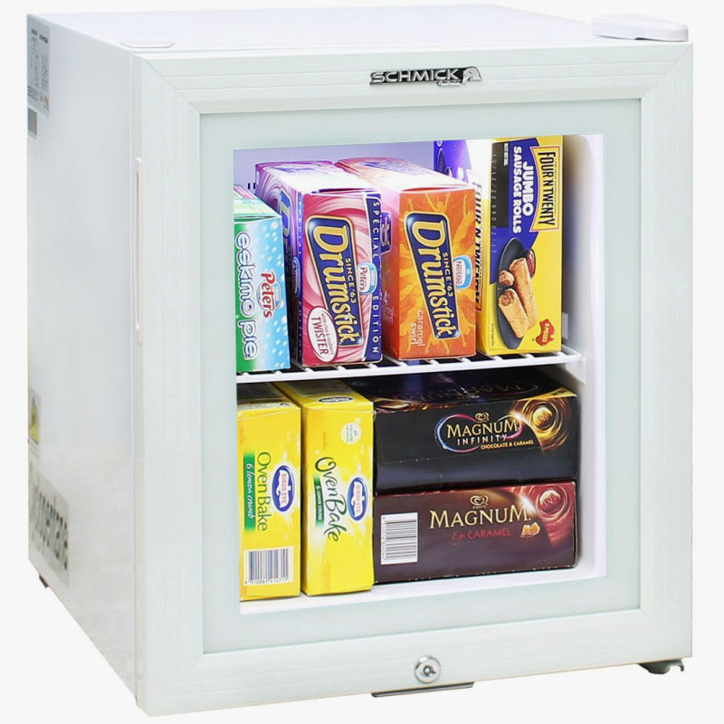 Picture of a mini fridge glass door full or ice creams and frozen food